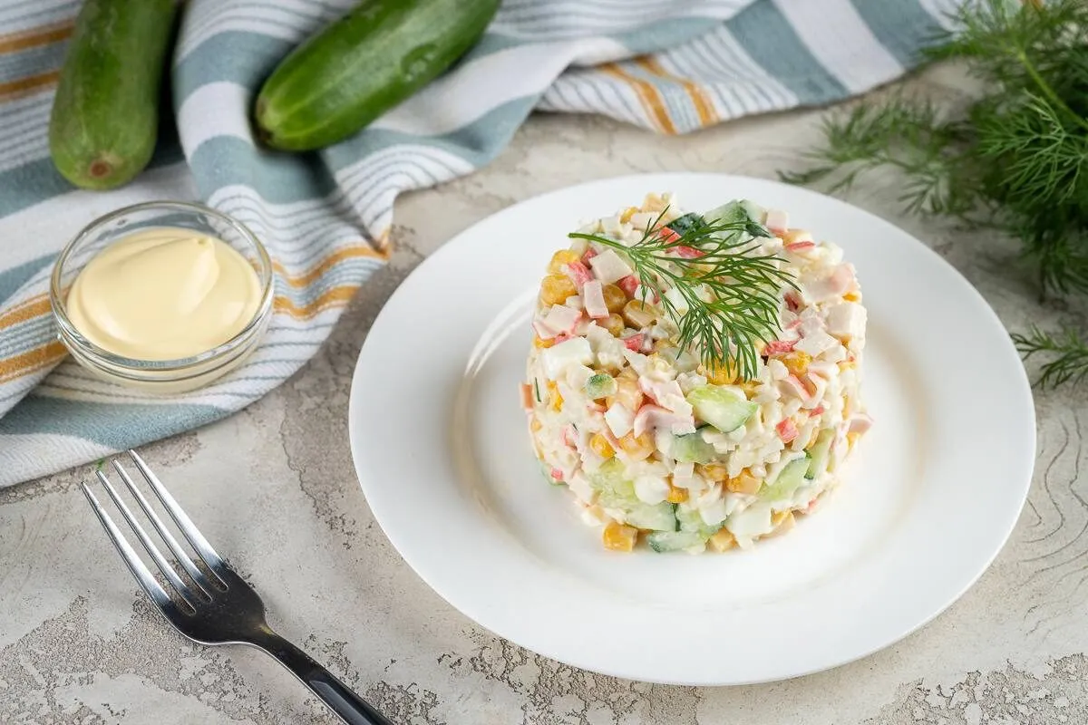 Crab salad with rice and corn